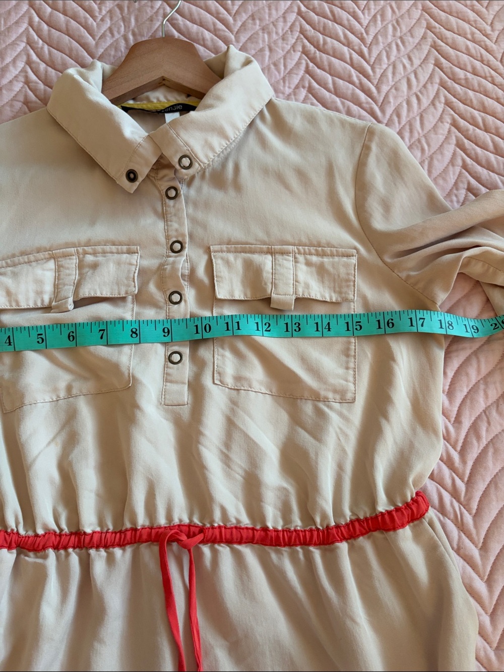 Kensie Utility Safari Shirt Dress Beige Neon Trim Roll Tab Sleeves Size S - Picture 13 of 14
